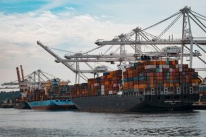 Container ships docked at a port for sea freight shipments