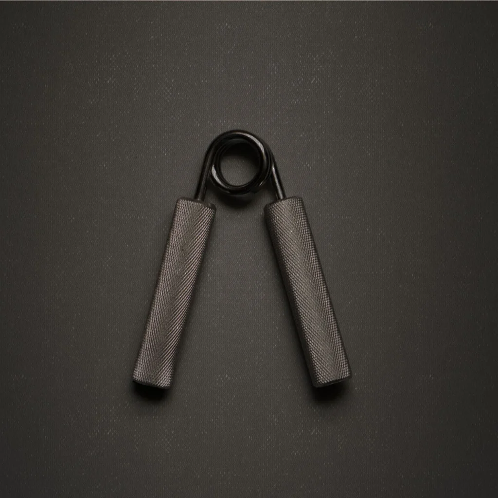 Metal hand grip trainer on a dark surface
